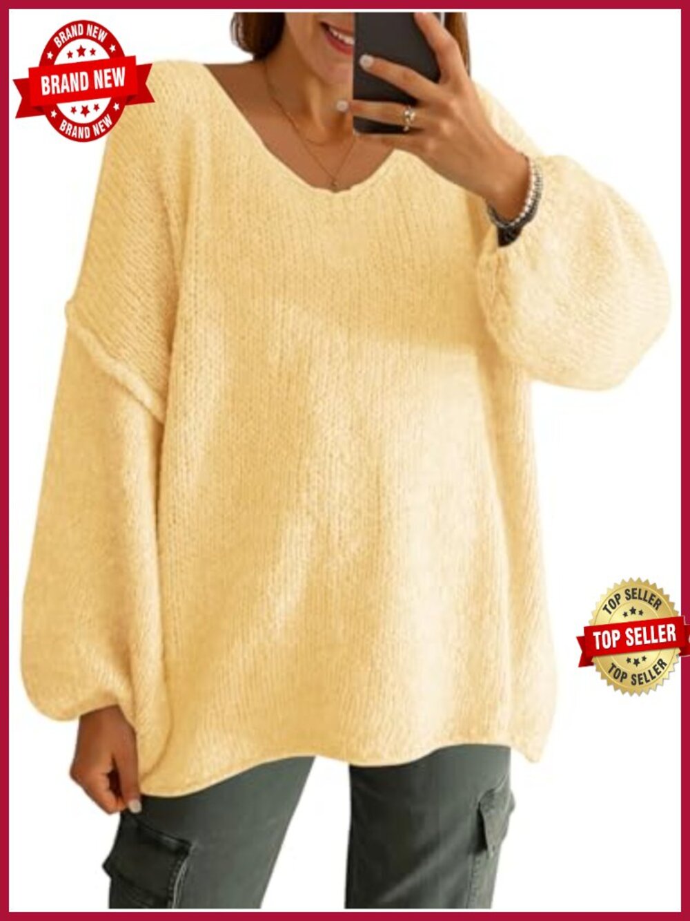 Oversized V Neck Chunky Lantern Sleeve Knit Pullover Sweater